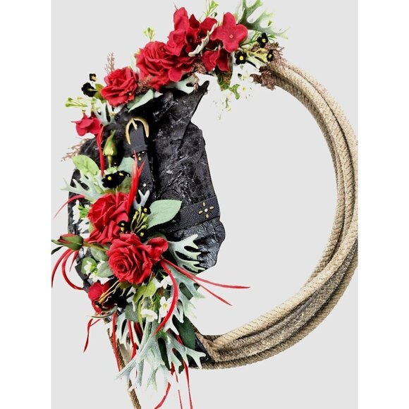 Artificial Floral Wreath With Red Roses & Greenery On Black Textured Base & Rope - Picture 11 of 14
